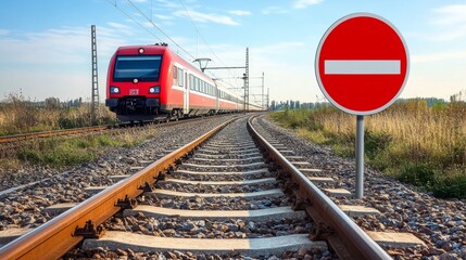 Scenic train journey, a approaching stop sign near the railway tracks