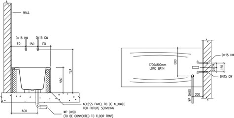 vector sketch illustration of the silhouette of a typical bathtub installation detail design