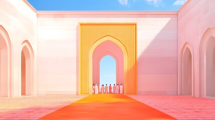 Fototapeta premium Majestic Gateway with People in Traditional Attire Under Bright Skies