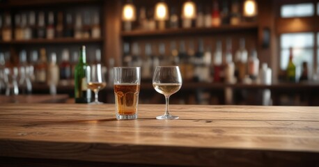 Wooden table with glasses and bottles on blurry bar background, beverages, wooden