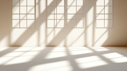 Sunlight streams through large windows in a minimalist room, casting shadows on the floor; ideal for product display