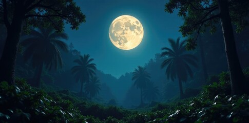 Fototapeta premium A bright full moon shines down on a dense jungle at night, full moon, forest floor