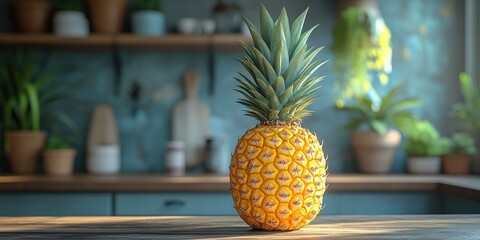 A Vibrant Pineapple on a Rustic Wooden Countertop in a Modern Kitchen