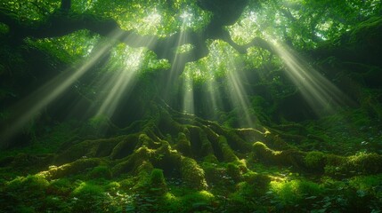 Obraz premium Sunbeams Filtering Through Forest Canopy Mossy Ground Nature Scene Serene Environment Ground-Level View Tranquil Concept