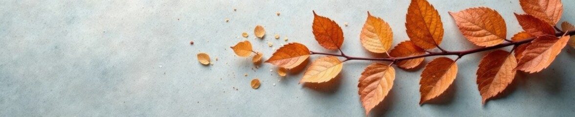 Naklejka premium A delicate arrangement of golden and copper leaves on a soft gray surface, foliage, forest, elegant