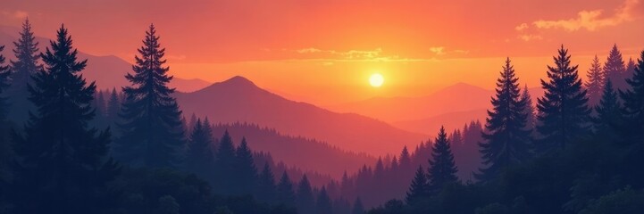 Sunset forest landscape with misty gradient background, rustic abstract gradient, earthy tones