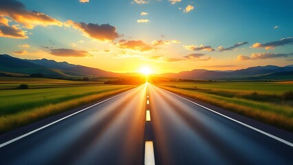 Naklejka premium View of a long straight deserted asphalt road with the evening sun sky background wallpaper AI generated image