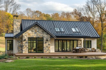 Fototapeta premium Modern stone house nestled in a serene landscape with a green lawn, large windows, and a cozy outdoor dining area on a sunny autumn day