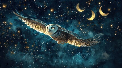 Nocturnal Flight: An Owl Soaring Through a Starry Night Sky