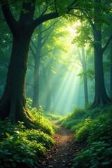 Naklejka premium A serene forest glade bathed in soft natural light, greenery, foliage, tree