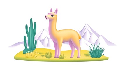 Obraz premium Cute Cartoon Alpaca in a Colorful Desert Landscape with Cacti