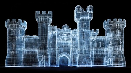 Glowing blue and white castle illustration on black background. Intricate digital design evokes a fantasy or futuristic aesthetic.