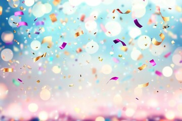 Colorful confetti falling with soft pastel bokeh lights and festive celebration mood
