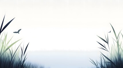 Obraz premium Tranquil Landscape with Silhouettes of Grass and Birds at Dusk