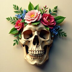 Fototapeta premium Floral and leafy arrangement on ancient skull, Botanical, Foliage