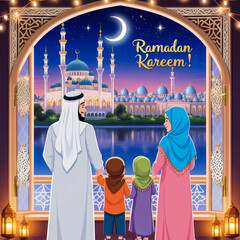Happy family celebrate for eid mubarak with mosque background