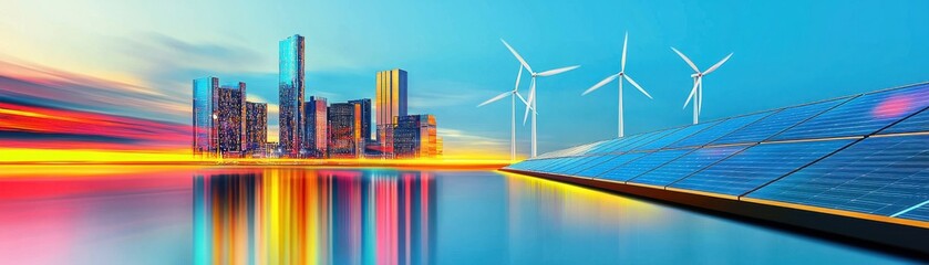 Fototapeta premium Vibrant cityscape with wind turbines and solar panels at sunset.
