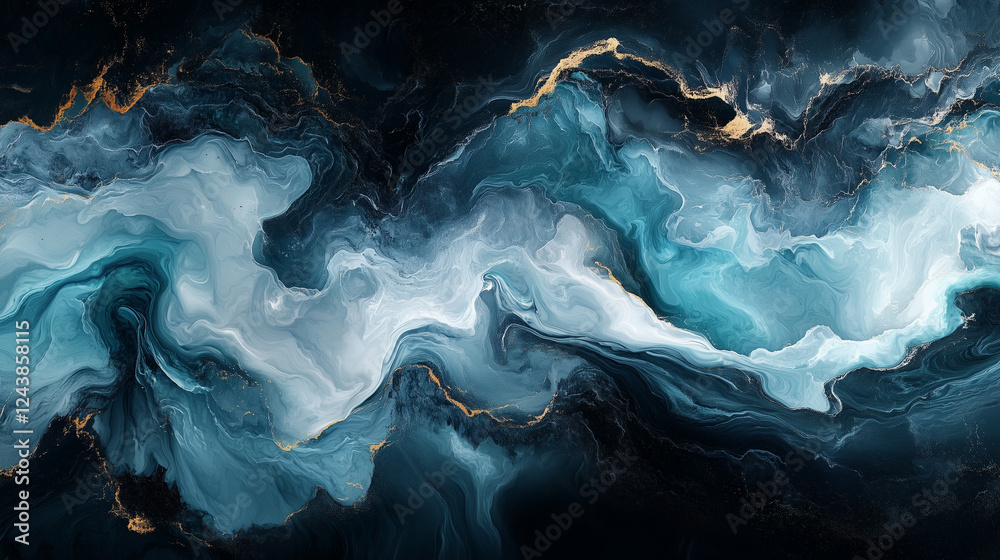 Wall mural swirling blue and white patterns with hints of gold create an abstract masterpiece in a dark setting