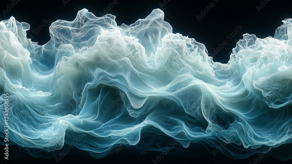 Wall mural fluid patterns of translucent waves illustrate intricate beauty in a dark background. generative ai