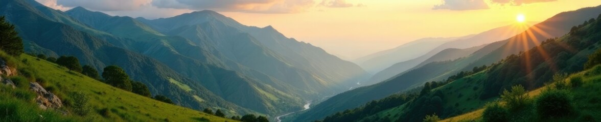 Obraz premium Landscape of mountains and valleys bathed in soft warm light, greenery, sky, trees