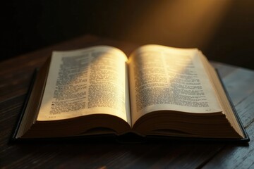 Obraz premium Luxurious leather-bound book with subtle shine, radiant light illuminates its pages from above, divine guidance, serene