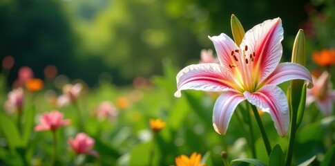 Fototapeta premium Madonna lilies in a garden with other plants and trees, flora, landscape, foliage