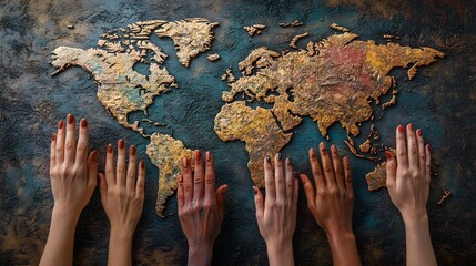 World map of diverse hands symbolizing global unity and solidarity among women &ndash; Generative AI