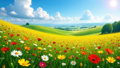 Obraz premium Rolling hills covered in a sea of colorful wildflowers, fields, meadow