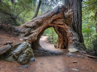 Hollowed Redwood Tree on a Forest Pathway Surrounded by Lush Vegetation.