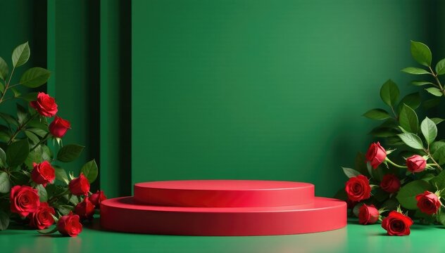 Rose-filled red podium against a serene green background, peaceful, red, serene