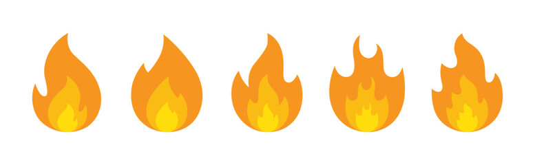 Fire icon set vector illustration on white background. Fire icon vector set. Fire flame symbol. Flame icon collection. Set of fire icons. Flame design of different shapes. Bonfire
