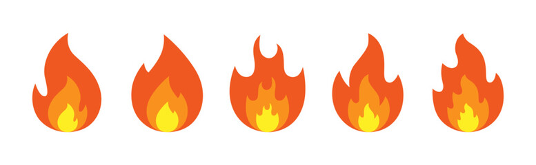 Fire icon set vector illustration on white background. Fire icon vector set. Fire flame symbol. Flame icon collection. Set of fire icons. Flame design of different shapes. Bonfire