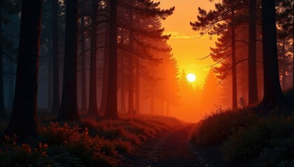 Sunset blaze illuminates the darkening forest with warm golden light, forest fire, burning