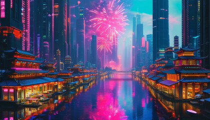 Obraz premium Cyberpunk Utopia at Night, cyberpunk cityscape, towering neon-lit skyscrapers, holographic billboards, bustling canal, glowing phosphorescent wate, Ultra-modern architecture, ancient Asian pagodas
