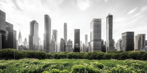 Fototapeta premium A breathtaking and stunning panoramic view of a modern city skyline beautifully contrasted by vibrant lush greenery, showcasing impressive highrise buildings set against an inviting urban landscape