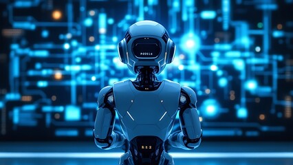 Design of a smart humanoid robot with artificial intelligence touching a hologram digital interface screen background wallpaper AI generated image