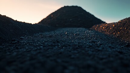 Close-up view of a gravel path leading towards a mountain of black gravel at sunset
