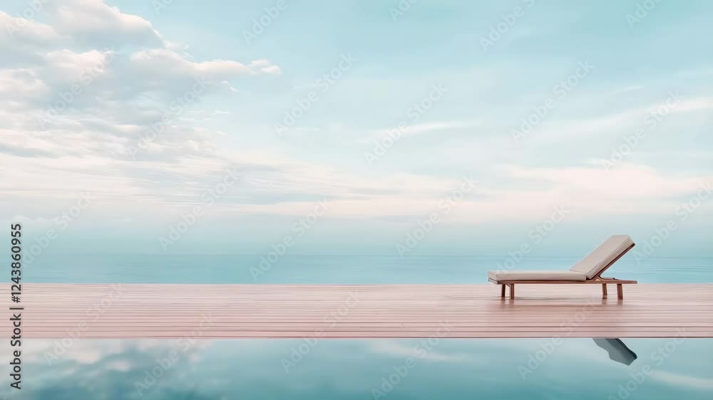 Poster wooden deck with comfortable deckchair overlooking a tranquil ocean with calm blue water under a clo