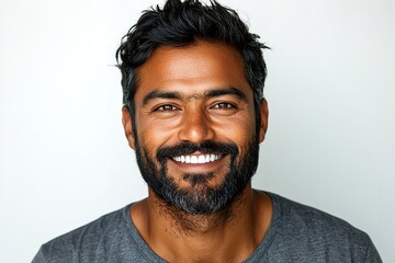 Fototapeta premium A close-up portrait of a handsome Indian man with a bright, confident smile, perfect for a dental ad. Featuring a fresh, stylish haircut, a well-groomed beard, . Isolated on a white background.