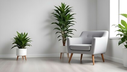 Un moderno sillón gris con patas de madera en una habitación luminosa y minimalista con una maceta