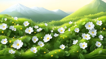 White Flowers Bloom in a Lush Green Mountain Meadow