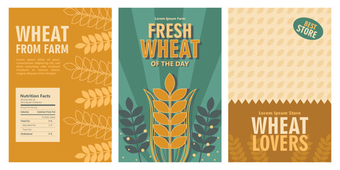 wheat barley products vintage template set of poster, package, bag, packaging design, label. Vintage fun and yummy style design. illustration vector background and seamless pattern.