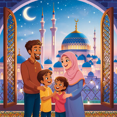 Happy family celebrate for eid mubarak with mosque background