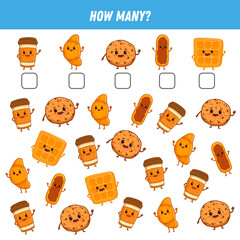How many cartoon food are there. Count the number of funny fast food. Cartoon eclair, viennese waffle, croissant, cookie, cup of coffee. Math worksheet for kids.