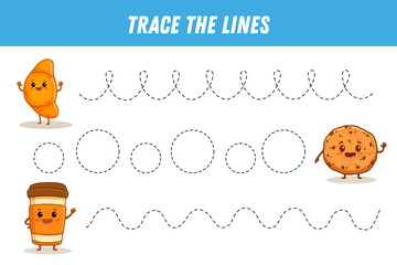 Tracing lines for kids. Cute cartoon sweets. Funny food characters. Cup of cofee, cookie, croissant. Handwriting practice. Educational game for preschool kids. Activity page. 