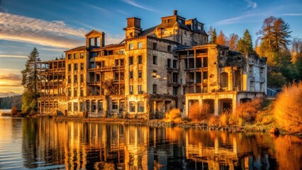 Fototapeta premium Golden Hour Reflection of a Ruined Lakeside Mansion