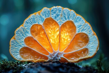 A backlit mandarin orange slice reveals its intricate internal structure, showcasing vibrant colors and textures.