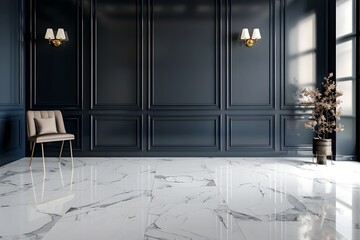 Dark Blue Classic Wall with Black Paneling and Marble Floor   Luxurious Interior Design
