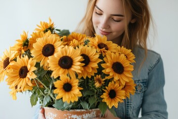 Naklejka premium A young woman gently holds a vibrant pot of sunflowers, her face expressing serenity and appreciation for the beauty of nature.