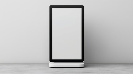 A sleek, modern digital display stand against a plain wall, featuring a blank screen ready for content or advertisements.
